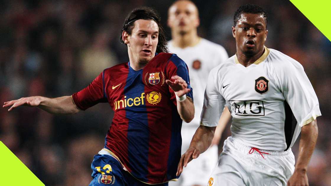 Lionel Messi and Patrice Evra involved in a duel during a Champions League semi-final tie between Barcelona and Manchester United in 2008.