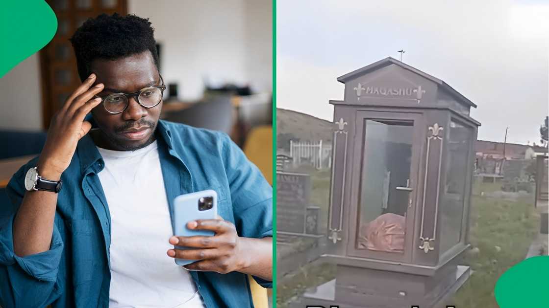 A stock photo of a man looking at a phone and a TikTok picture of a gravesite A stock photo of a man looking at a phone and a TikTok picture of a gravesite