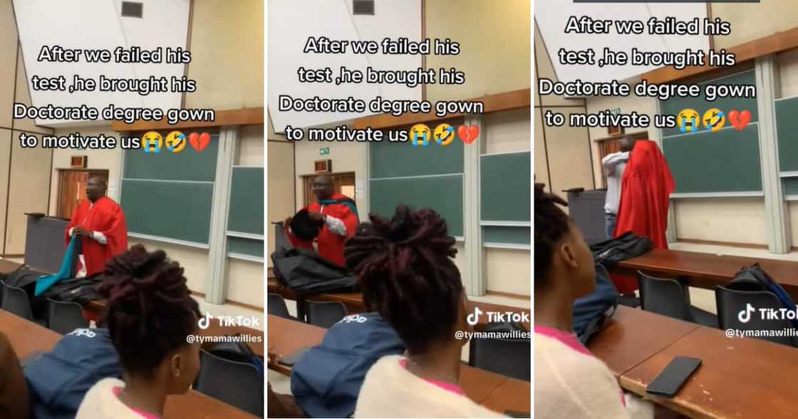 TikTok user @tymamawillies shared a video showing her professor dressed up, claiming he lost this battle