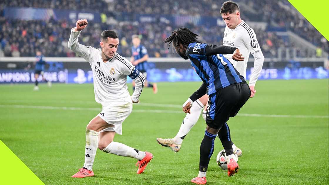 Lucas Vasquez, Ademola Lookman, Federico Valverde, Atalanta, Real Madrid, Gewiss Stadium, Bergamo, Italy, UEFA Champions League.