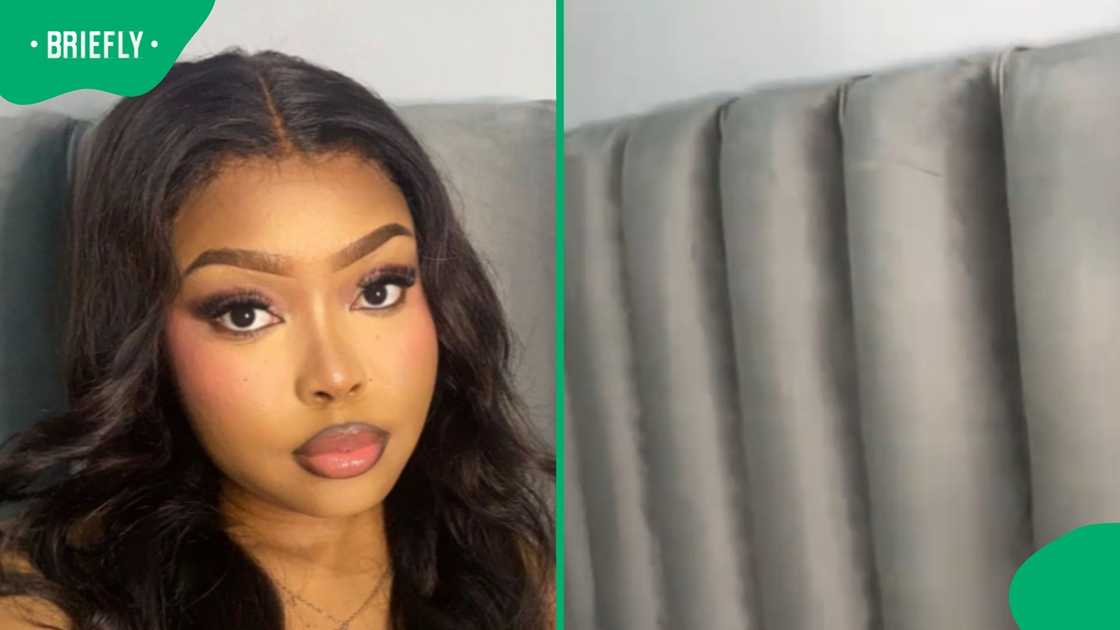 A woman's TikTok video showcases the Takealot headboard she purchased.