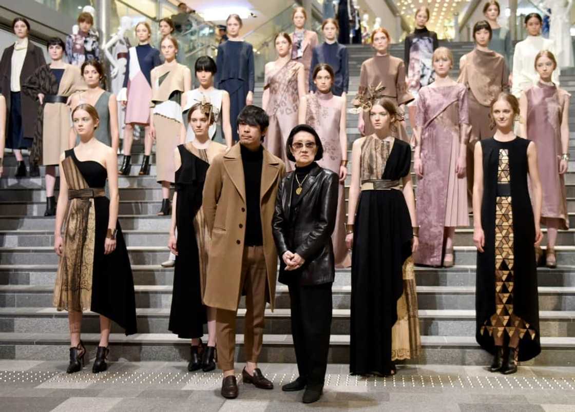 Mori's designs combined classic Japanese patterns with Western styles, as seen in this picture from a 2017 fashion show Mori's designs combined classic Japanese patterns with Western styles, as seen in this picture from a 2017 fashion show