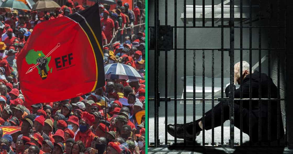 Supporters of the Economic Freedom Fighters (EFF) gather under a huge party flag ahead of the party's manifesto launch for the upcoming local government elections