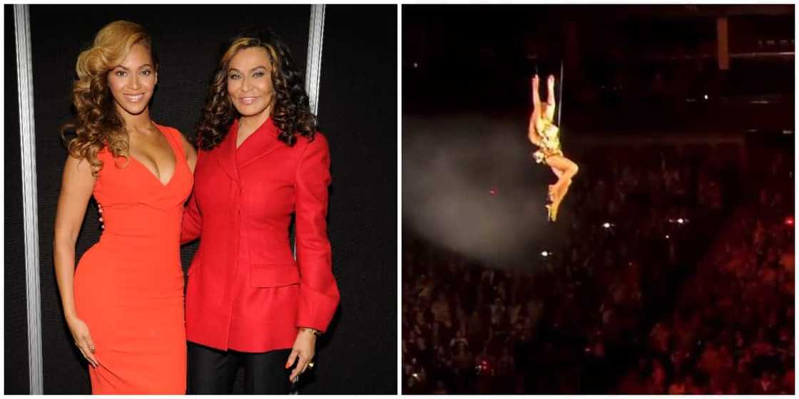 Beyonce posing with her mum and another photo of Beyonce doing a mid-air flip. Beyonce posing with her mum and another photo of Beyonce doing a mid-air flip.