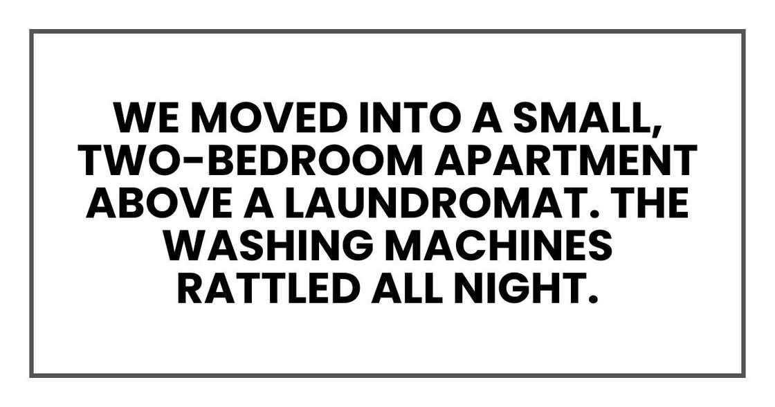 We moved into a small, two-bedroom apartment above a laundromat. The washing machines rattled all night. We moved into a small, two-bedroom apartment above a laundromat. The washing machines rattled all night.