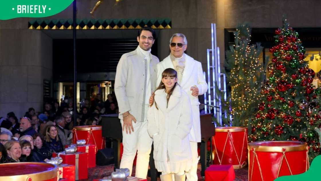 Singer Andrea Bocelli and his children, Matteo and Virginia, during the 2022 Rockefeller Christmas Tree Lighting event