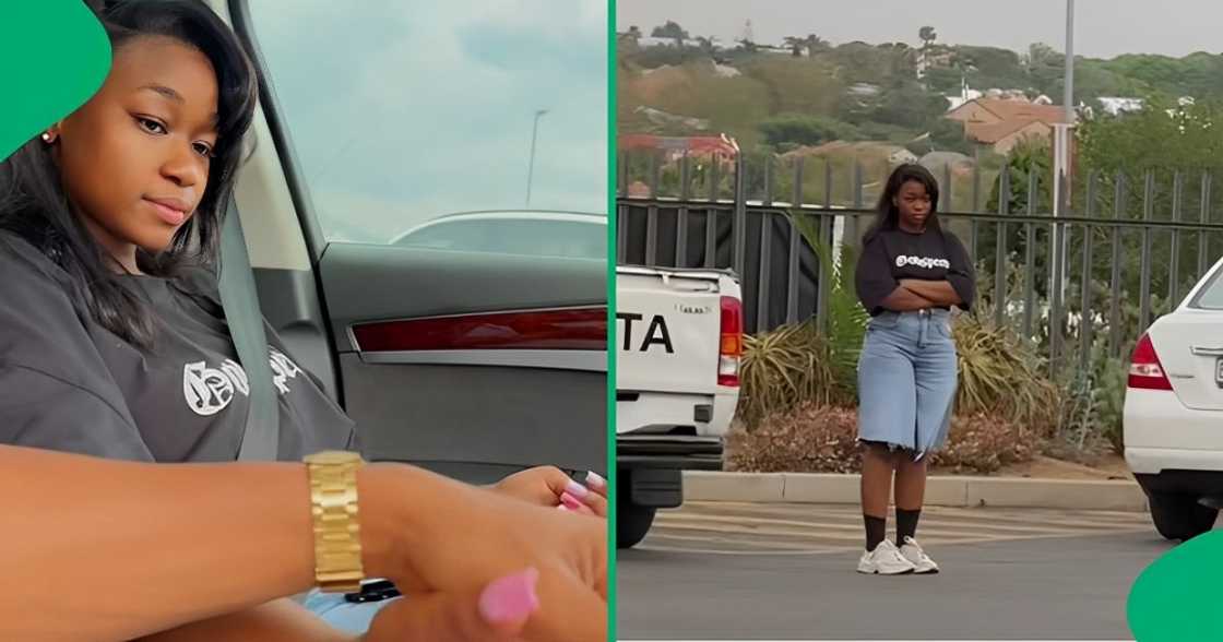 A woman standing in the parking lot and chilling in the car