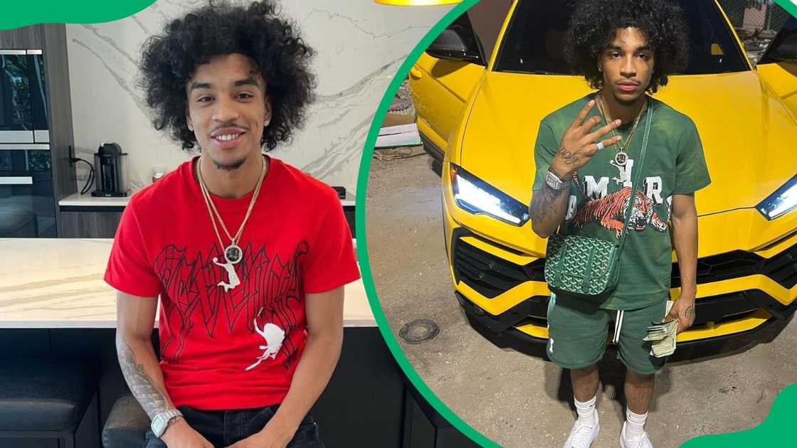 Jay Cinco rocks an afro (L). The Instagram star poses next to a shiny yellow car (R)