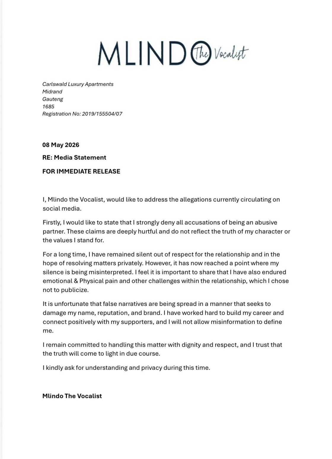 Mlindo The Vocalist denies abusing his partner. Mlindo The Vocalist denies abusing his partner.