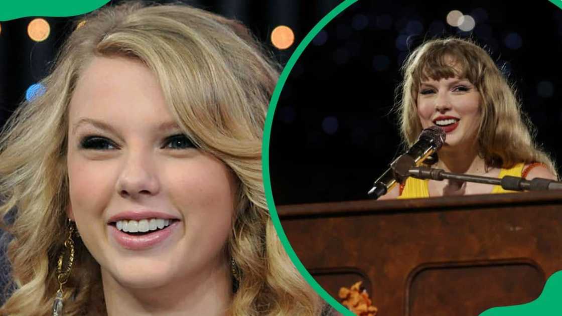 Taylor Swift smiling at the MTV Studios (L). The songwriter performing at the National Stadium (R)