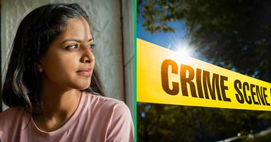 A woman staring sadly outside of the window, and the yellow tape of a crime scene A woman staring sadly outside of the window, and the yellow tape of a crime scene