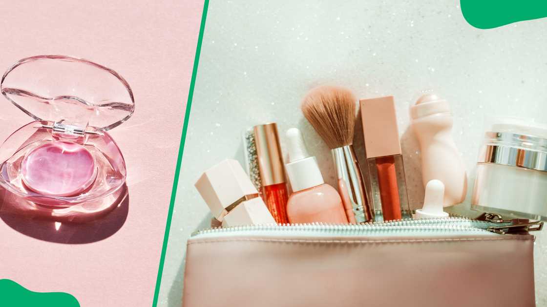Open container with pink lip gloss (L). Cosmetic make-up bag with beauty products (R) Open container with pink lip gloss (L). Cosmetic make-up bag with beauty products (R)