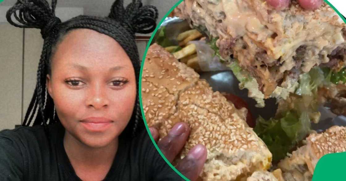 Woman eats human-sized burger Woman eats human-sized burger