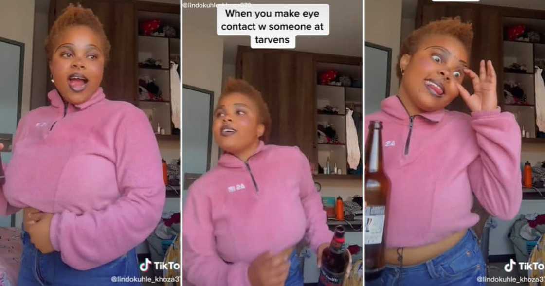 TikTok user @lindokuhle_khoza379 acting out looks from the tavern