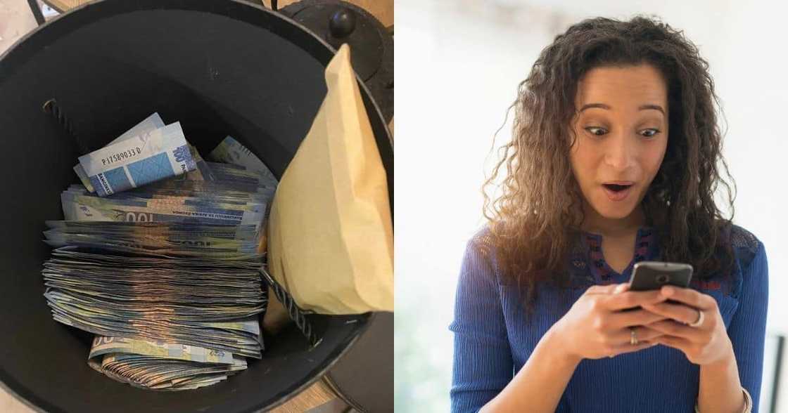 Stokvel, woman, social media, show off money, R100, bucket of money, viral image, trending news