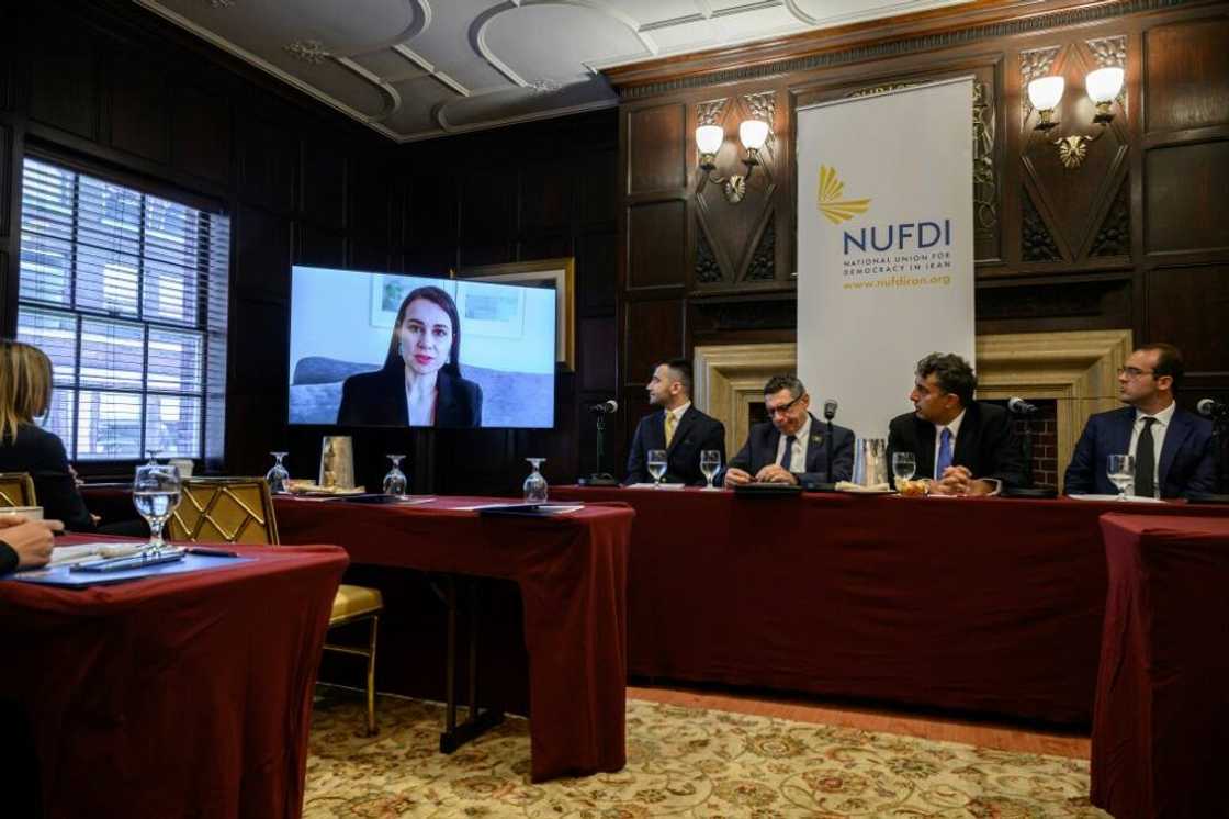British-Australian academic and former prisoner in Iran, Kylie Moore-Gilbert (L), speaks by video to a press conference by Iranian dissidents and ex-prisoners who filed a US lawsuit against Iranian President Ebrahim Raisi British-Australian academic and former prisoner in Iran, Kylie Moore-Gilbert (L), speaks by video to a press conference by Iranian dissidents and ex-prisoners who filed a US lawsuit against Iranian President Ebrahim Raisi