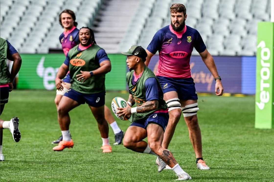 Elton Jantjies running with the ball in training in Adelaide ahead of a Rugby Championship match against Australia in August