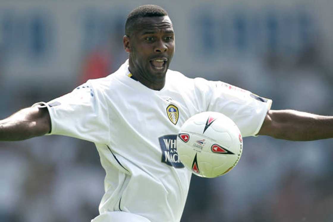 Lucas Radebe of Leeds United in action with the ball during a Championship match against Derby County at Elland Road, Leeds, on August 7, 2004. Lucas Radebe of Leeds United in action with the ball during a Championship match against Derby County at Elland Road, Leeds, on August 7, 2004.