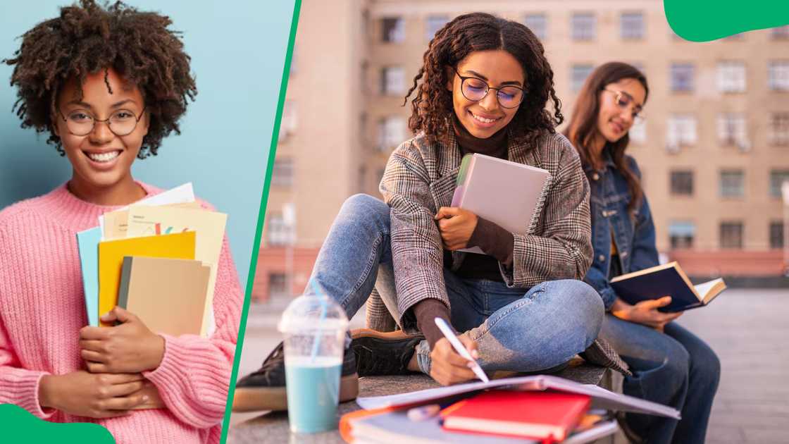 Student carrying books and friends doing homework outdoors