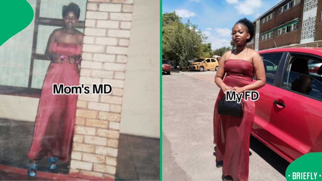 A side-by-side view of mother and daughter wearing the same burgundy matric dress, showcasing generational style A side-by-side view of mother and daughter wearing the same burgundy matric dress, showcasing generational style