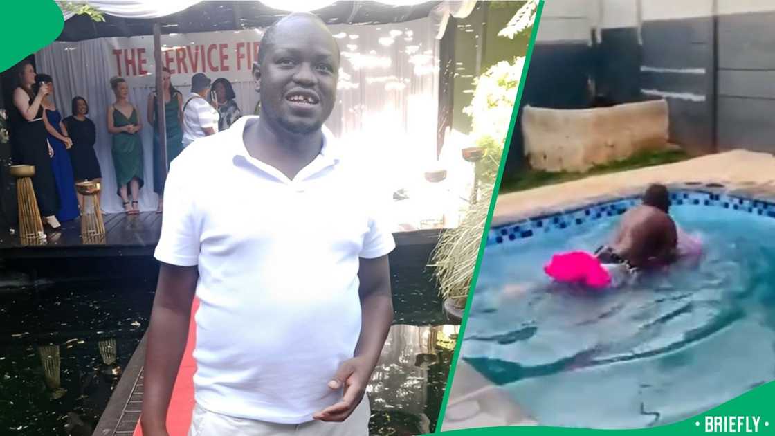 The husband ended up splashing frantically after the float flipped over and dumped him into the water