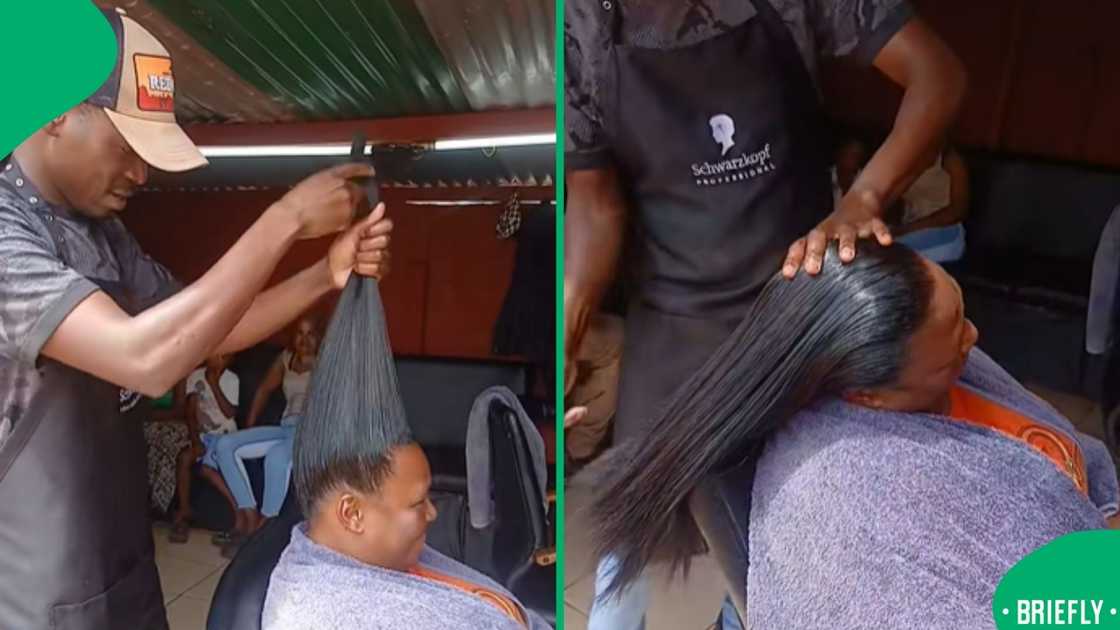 Steve on the right combing through woman's long hair