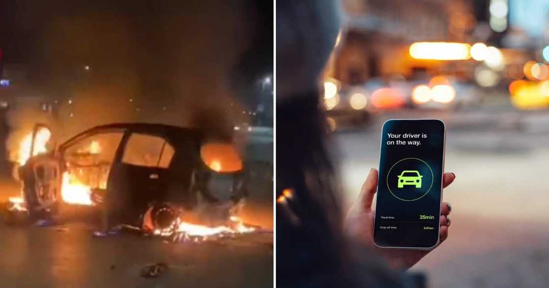 An e-hailing vehicle was set alight outside the Protea Glen shopping mall An e-hailing vehicle was set alight outside the Protea Glen shopping mall
