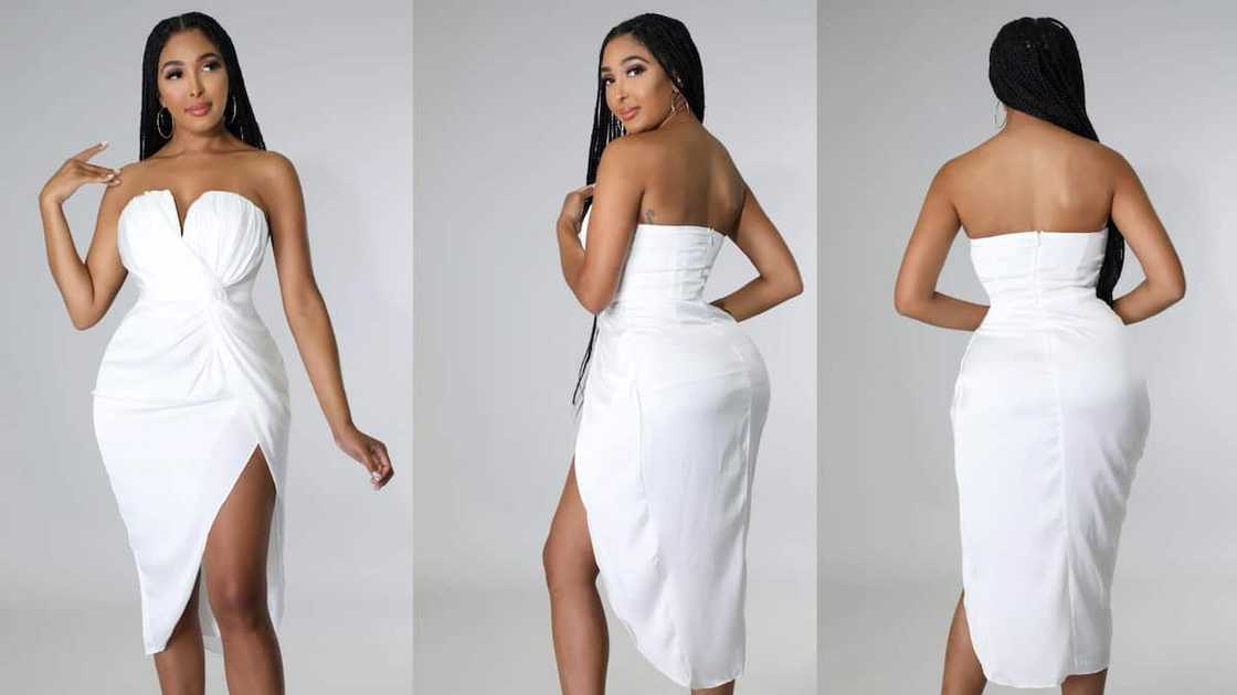 Strapless cocktail gown with high front slit and knot detail Strapless cocktail gown with high front slit and knot detail