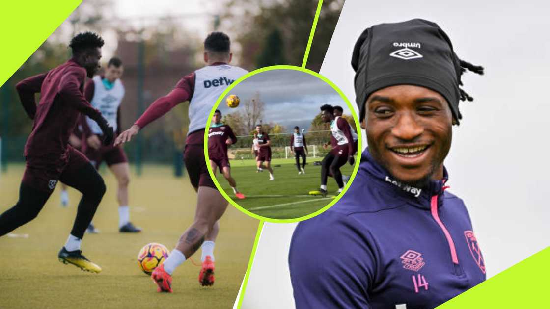 Mohammed Kudus scores beautiful goal at training. Mohammed Kudus scores beautiful goal at training.