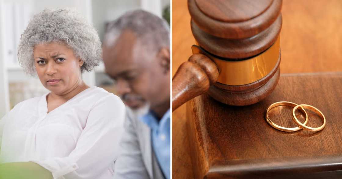 A senior woman frowns as she and her husband sit next to each other in their living room and argue. Her husband leans forward and looks down with a sad expression.