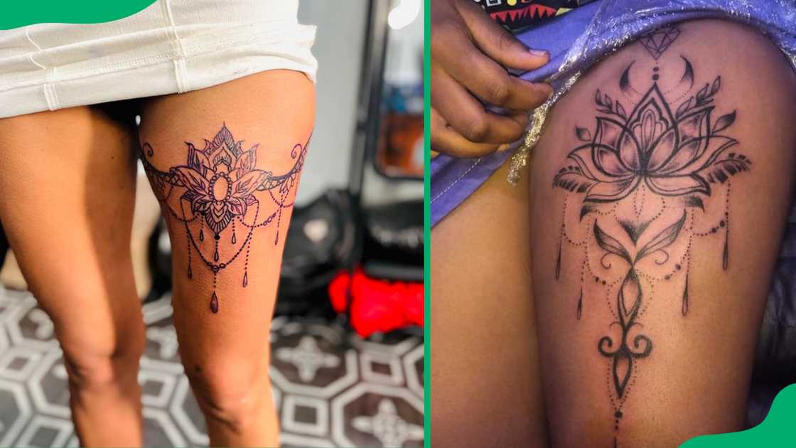 Mandala thigh tattoos.