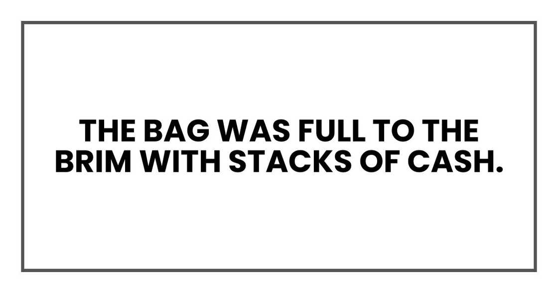 The bag was full to the brim with stacks of cash. The bag was full to the brim with stacks of cash.