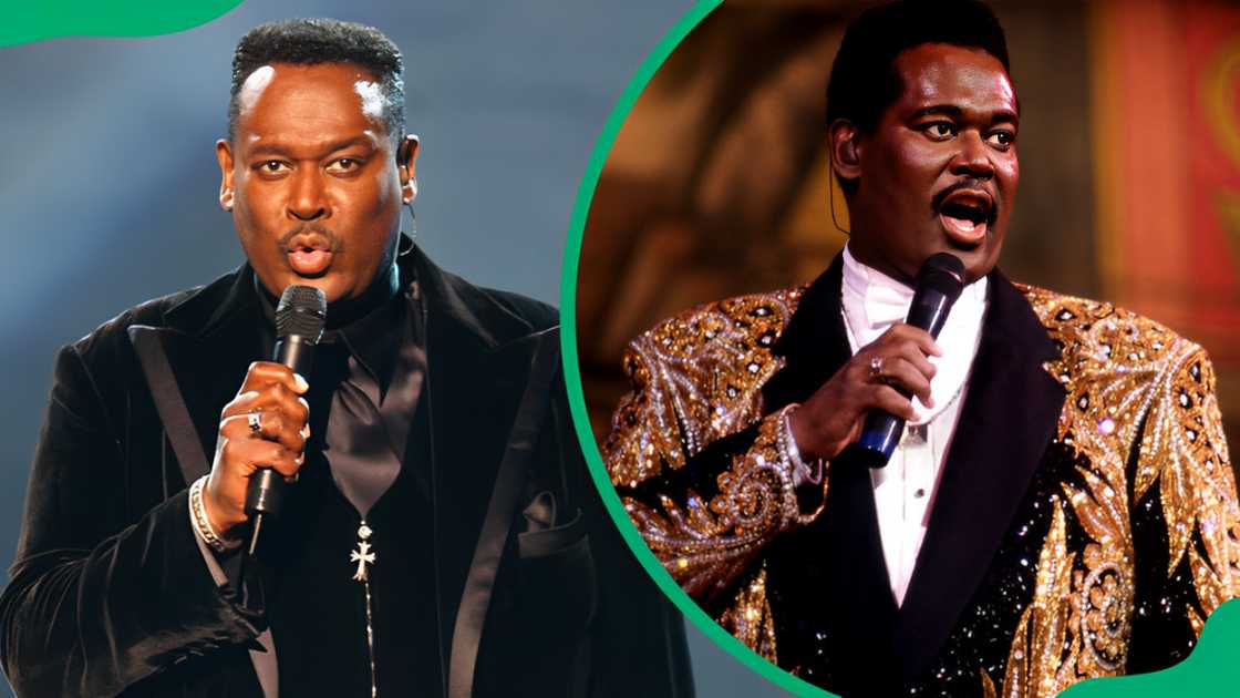 Luther Vandross performs during the 29th Annual American Music Awards (L). Luther Vandross performs at the Tweeter Center (R).