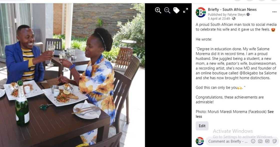 Proud husband Maredi Morema celebrates with his wife, Salome, and has inspired Mzansi. Image: Facebook Proud husband Maredi Morema celebrates with his wife, Salome, and has inspired Mzansi. Image: Facebook