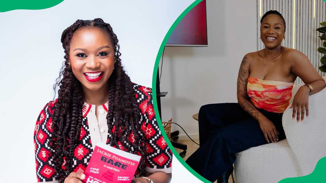 Jackie Phamotse smiles as she holds a book from the Bare series, and she sits in her living room in a tube top Jackie Phamotse smiles as she holds a book from the Bare series, and she sits in her living room in a tube top