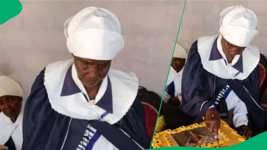 Older woman cuts cake in interesting way Older woman cuts cake in interesting way