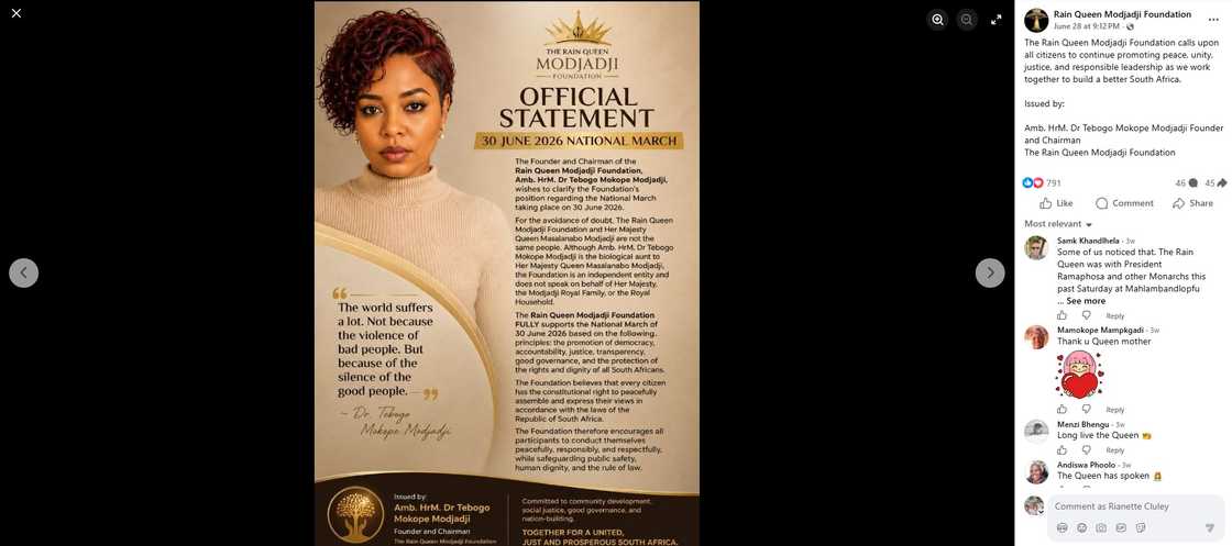 A Facebook post on the Rain Queen Modjadji Foundation page A Facebook post on the Rain Queen Modjadji Foundation page