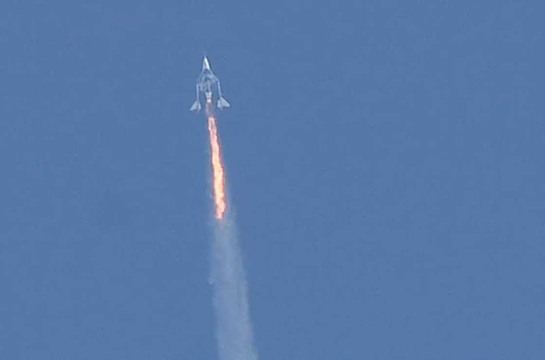 The Virgin Galactic SpaceShipTwo space plane Unity and mothership after taking off from New Mexico in July 2021