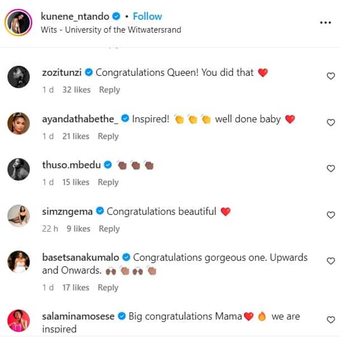 Celebrities are showering Miss SA 2017, Ntandoyenkosi Kunene with praise following her MBA win from Wits University. Celebrities are showering Miss SA 2017, Ntandoyenkosi Kunene with praise following her MBA win from Wits University.