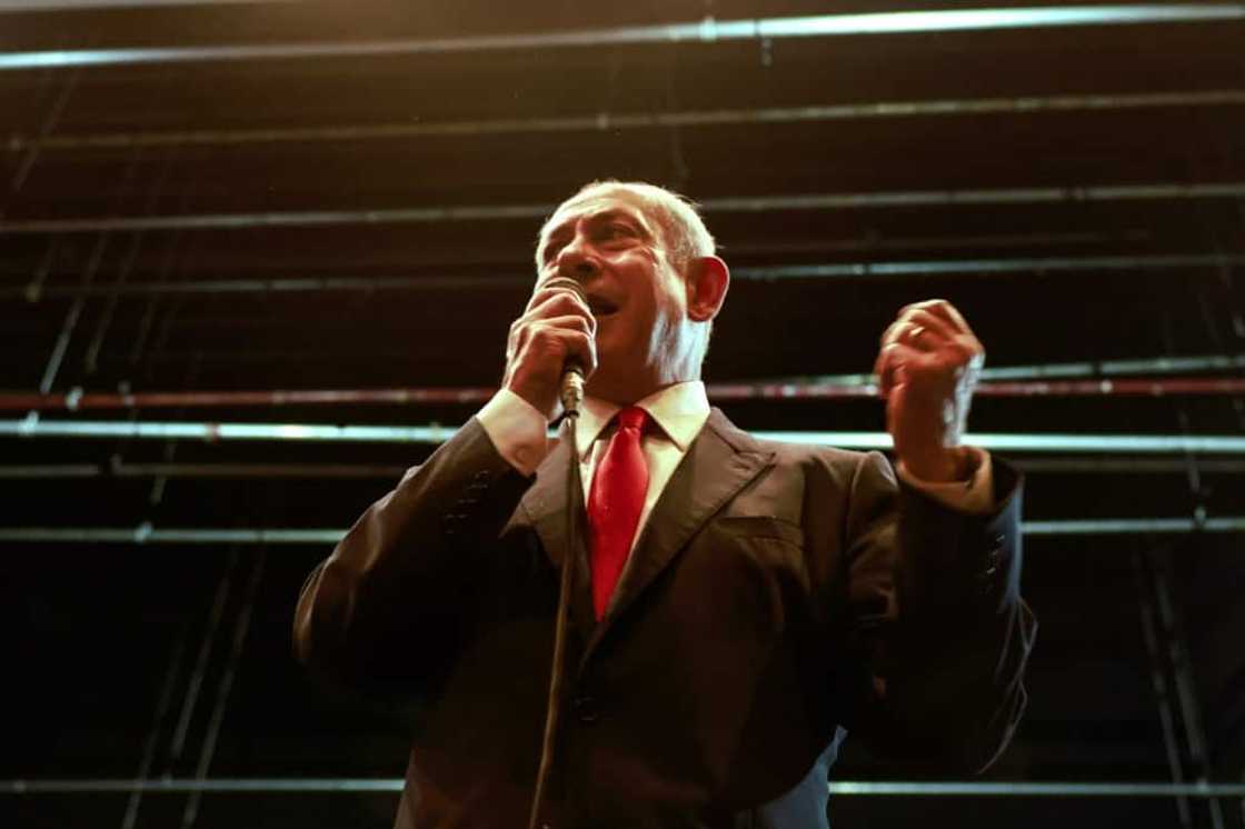 Benjamin Netanyahu, Israel's former prime minister and leader of the Likud party, speaks at a campaign rally in the northern city of Migdal HaEmek on October 23, 2022