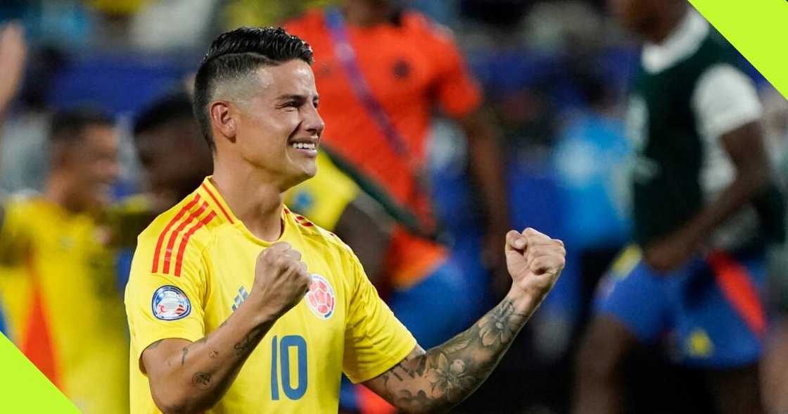 James Rodriguez celebrates a goal for Colombia.