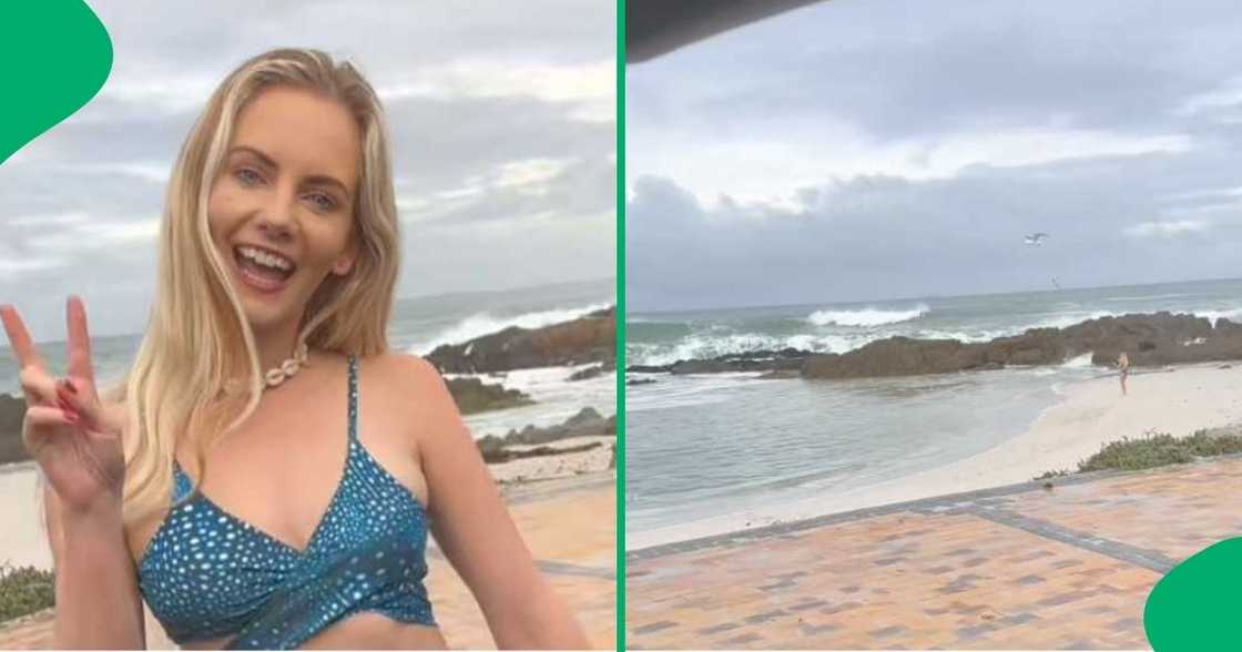 A TikTok video shows a woman swimming in the cold Cape Town ocean during winter. A TikTok video shows a woman swimming in the cold Cape Town ocean during winter.
