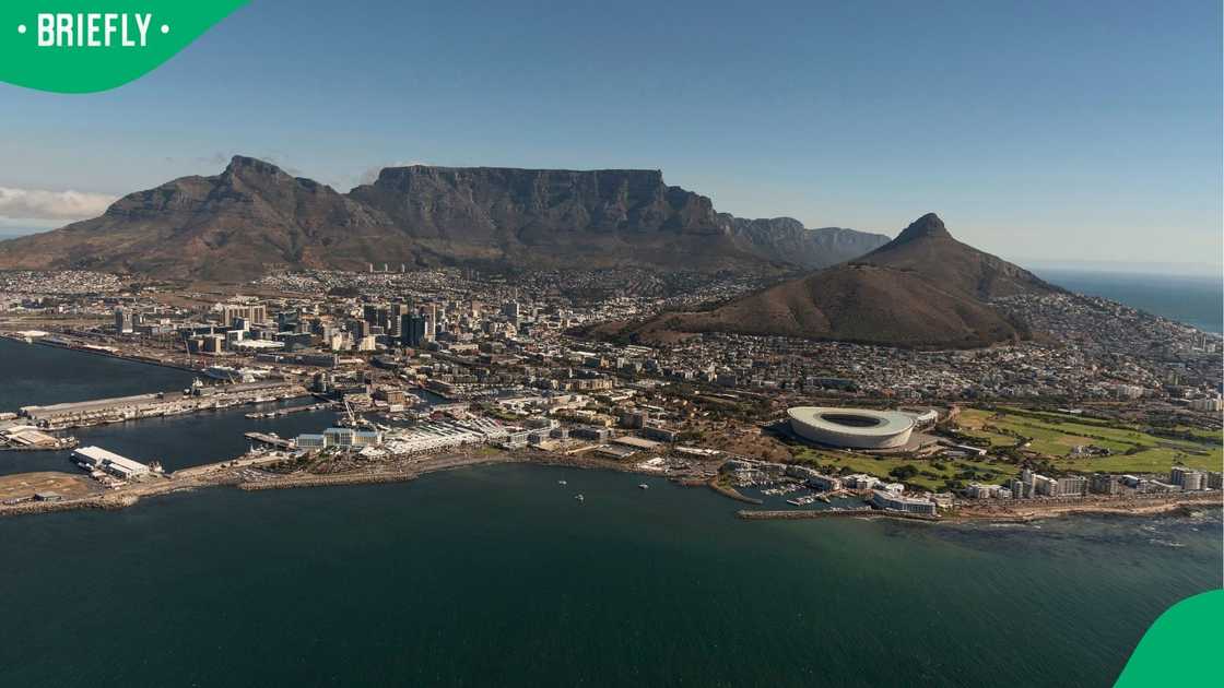 Aerial view of Table Mountain, the city and waterfront foreshore of Cape Town