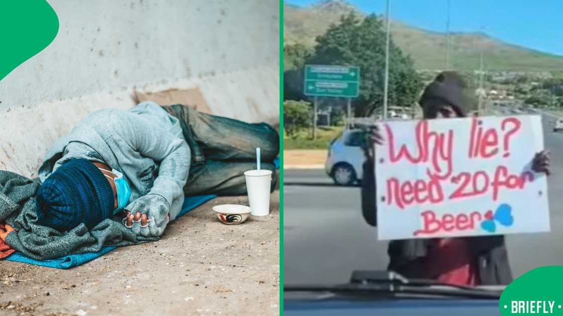 The picture on the right captured a street begger with a board The picture on the right captured a street begger with a board