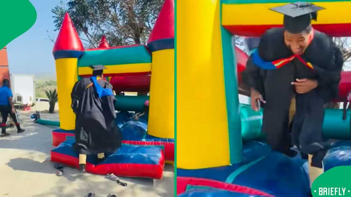 A graduate joined kids in a bouncing castle, and the playful moment was shared widely online