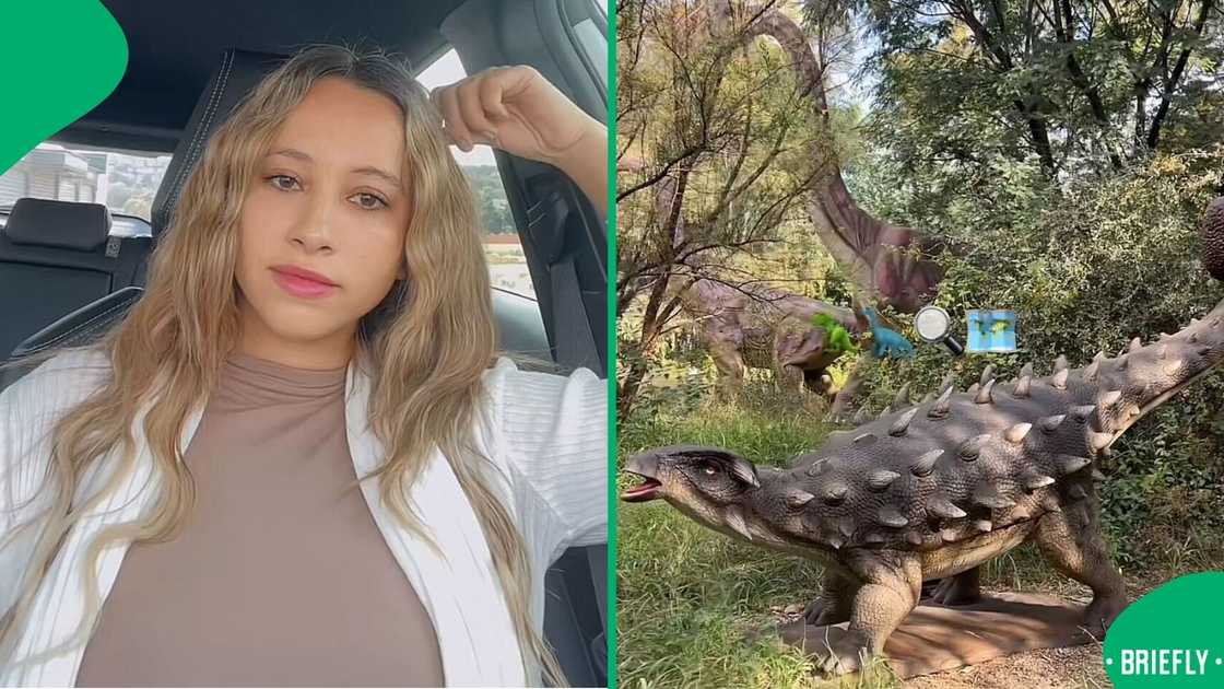 A woman featured a dinosaur park with lifelike creatures in a video. A woman featured a dinosaur park with lifelike creatures in a video.
