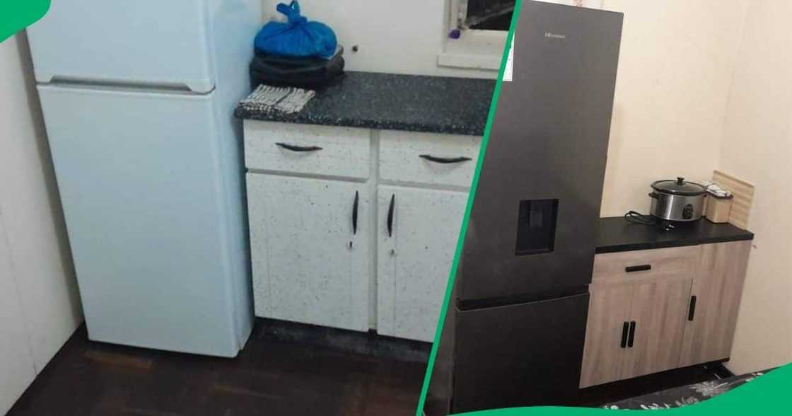 A woman showed what her kitchen area looked like before and after renovations. A woman showed what her kitchen area looked like before and after renovations.