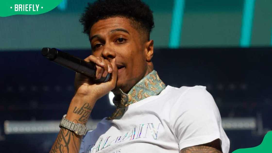 Rapper Blueface performing at the Made In America Festival Rapper Blueface performing at the Made In America Festival