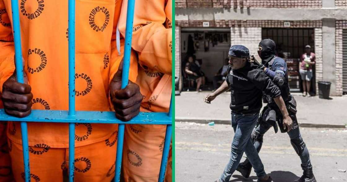 A prisoner behind bars, and a man who is caught by a police officer during a raid in Johannesburg A prisoner behind bars, and a man who is caught by a police officer during a raid in Johannesburg