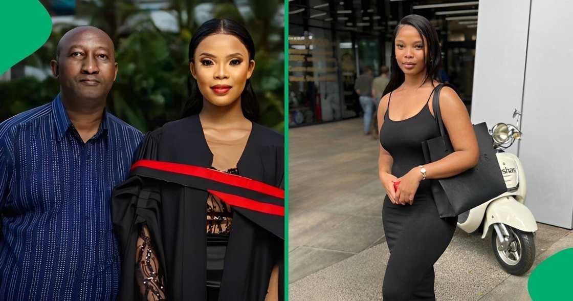 A woman showed her dad wearing a traditional makoti outfit with a headscarf A woman showed her dad wearing a traditional makoti outfit with a headscarf